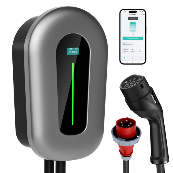 Boîtier mural Daolar avec application [22kw 3-Phase / 7KW 1-Phase 6-16 A] Chargeur EV, câble de charge de type 2 à contrôle par application pour véhicules électriques et hybrides rechargeables