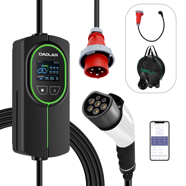 [Mise à niveau] Daolar WIFI contrôle 11KW EV Chargeur 3 Phase 16A Type 2 Chargeur de véhicule électrique, courant réglable et 10H Timing 5m/10m PHEV EV Station de recharge de voiture avec prise CEE