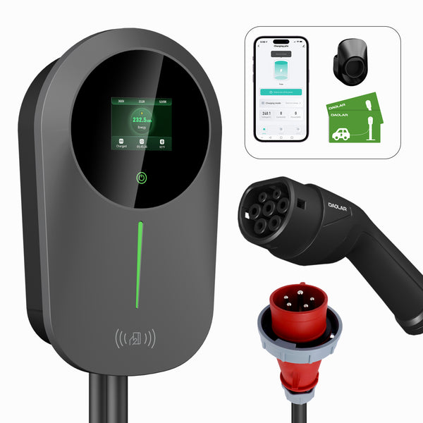 Daolar Wallbox 22kw avec APP Câble de charge EV triphasé / monophasé 6-16 A Type 2 avec 2 cartes RFID et pour EV et PHEV, mise à niveau de la protection de courant RCD B