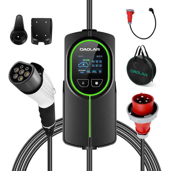 Daolar app control type2 nabíječka pro elektrické vozidla 11kw 16a 3 phase 10m portable ev charger with cee plug, adjustable charging power, 10h timing