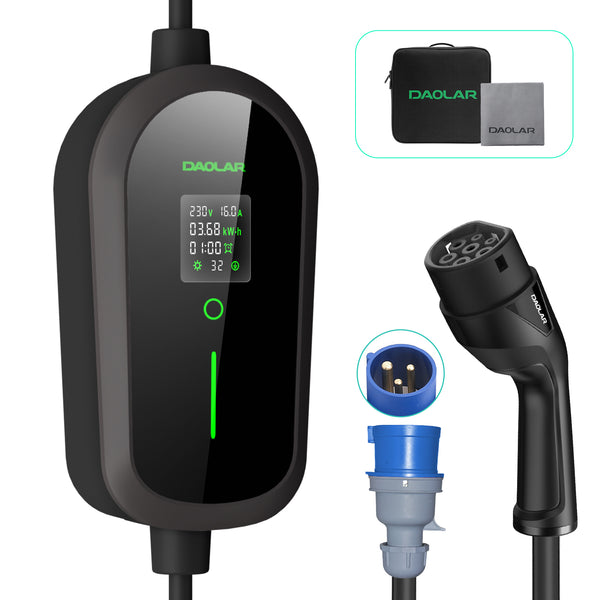 Chargeur de voiture Daolar 7 kW, boîtier de charge mobile CEE 32 A à 3 broches vers type 2, monophasé 32 A, avec programmation de charge pour modèles Y/3, ID. 3/4/5, MG4, EX30, e-up, e-tron, Zoe, Q4, Gla, etc. 
