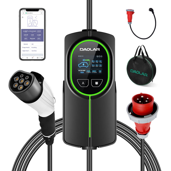 Daolar wifi control 11kw ev charger 3 phase 16a type 2 electric vehicle charger, adjustable current &amp; 10h timing 5m/10m phev ev car charging station with cee plug