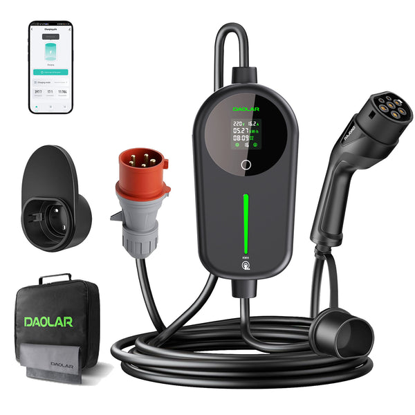 Daolar Mobil Wallbox 11 kW med Strømmåler, 6-16A 3-faset Type 2-ladekabel med justerbar ladekapasitet (kWh), IP65 vanntett ladesasjon