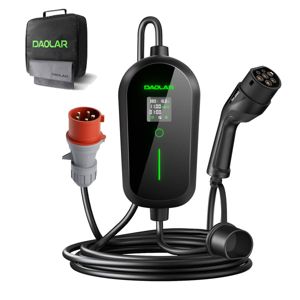 Borne de recharge mobile Daolar Wallbox 11 kW, câble de charge triphasé de type 2 avec prise CEE, minuterie 12 h et courant réglable 6-16 A. 