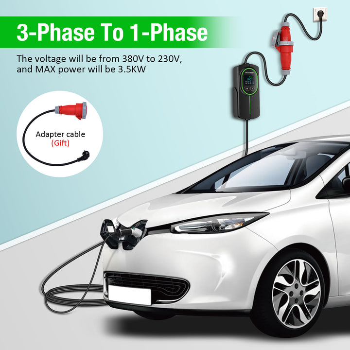 HiEVcar Portable EV Chargeur Type 2 EV Câble 3 Phasé pour Borne de Recharge  11KW Voiture Electrique Commutable Temps et Amps（6A-16A） Prise de Charge