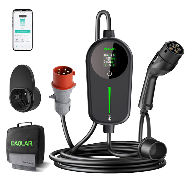  [Produit phare]  Borne murale mobile Daolar 11 kW avec compteur électrique, câble de charge triphasé de type 2 6-16 A avec charge réglable KWH, station de charge étanche IP65