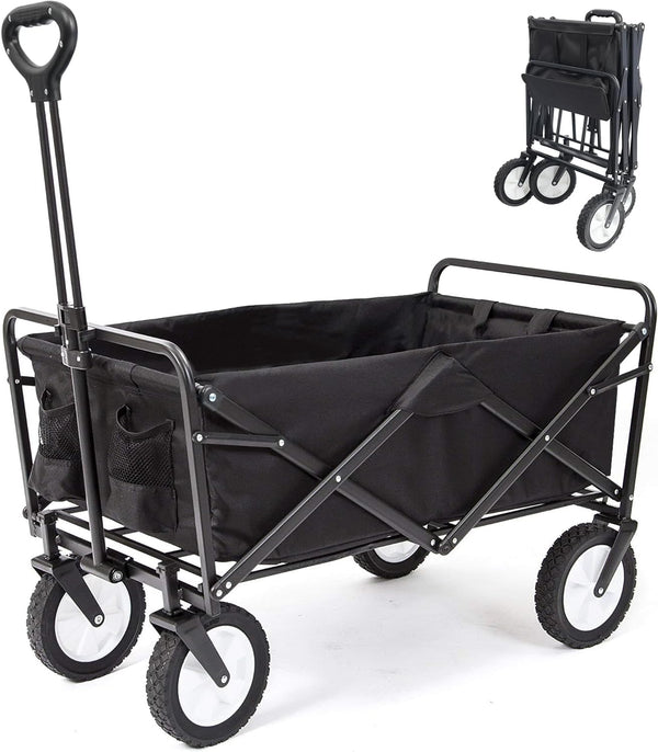 Daolar Chariot pliable de transport large de pneu de chariot à main avec le support de boisson de poche latérale Chariot de jardin de poignée réglable pour tout le terrain, achats extérieurs de camping, capacité de charge 150 kg